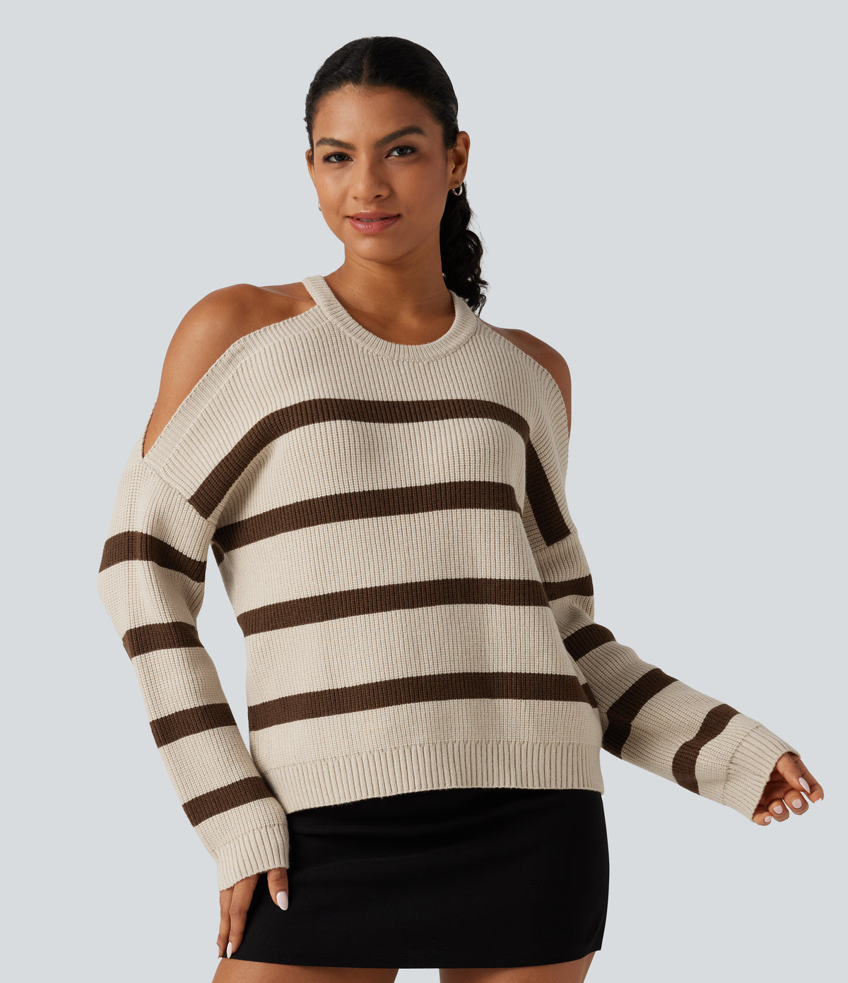 Round Neck Cold Shoulder Long Sleeve Stripe Work Jumper — Walnut Stripe — view 4