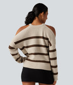 Round Neck Cold Shoulder Long Sleeve Stripe Work Jumper — Walnut Stripe — view 2