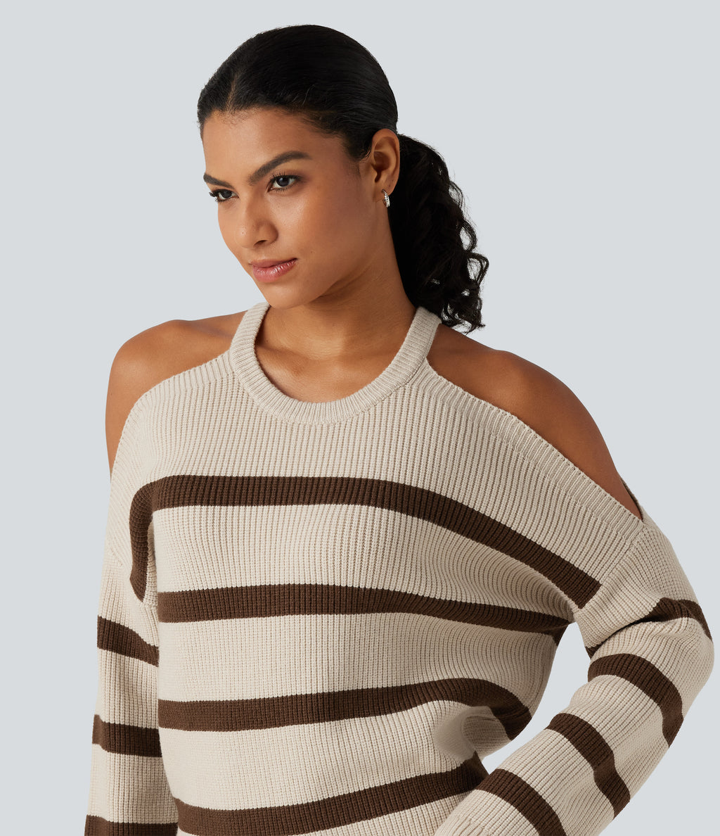 Round Neck Cold Shoulder Long Sleeve Stripe Work Jumper — Walnut Stripe — view 5