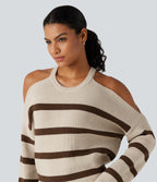 Round Neck Cold Shoulder Long Sleeve Stripe Work Jumper — Walnut Stripe — view 5