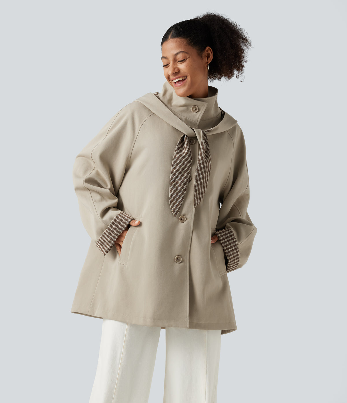Hooded Raglan Long Sleeve Work Jacket with Pockets — Feather Gray — view 3