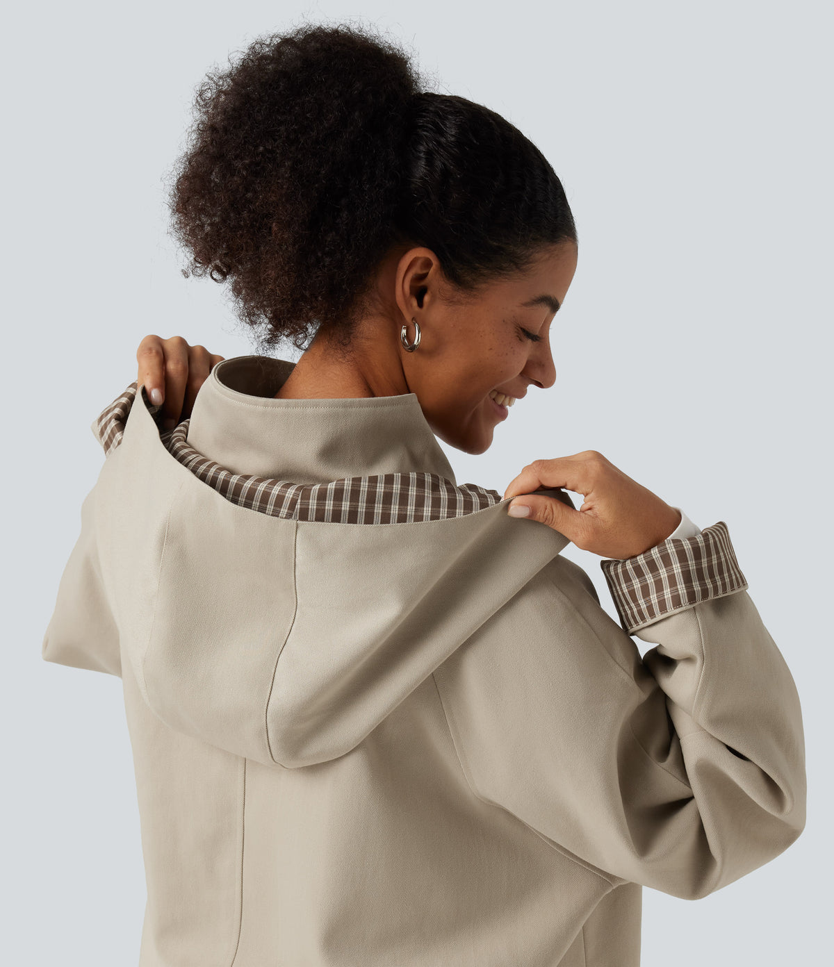 Hooded Raglan Long Sleeve Work Jacket with Pockets — Feather Gray — view 7