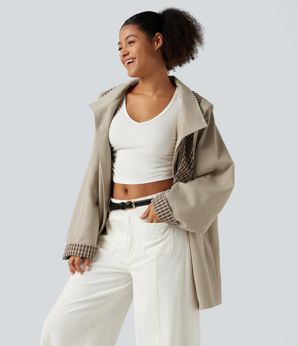 Hooded Raglan Long Sleeve Work Jacket with Pockets — Feather Gray — view 4
