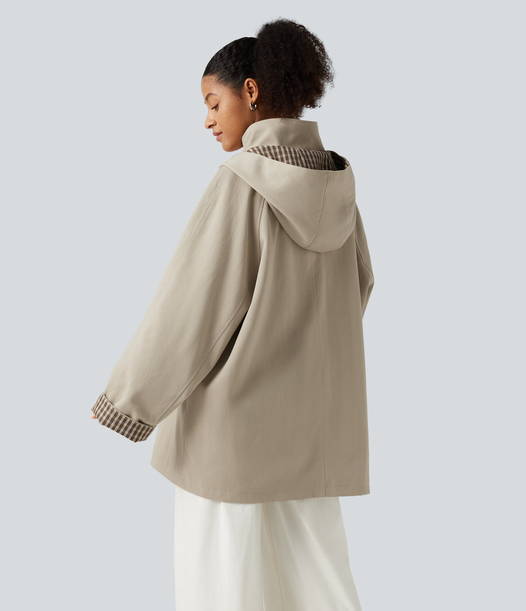 Hooded Raglan Long Sleeve Work Jacket with Pockets — Feather Gray — view 2