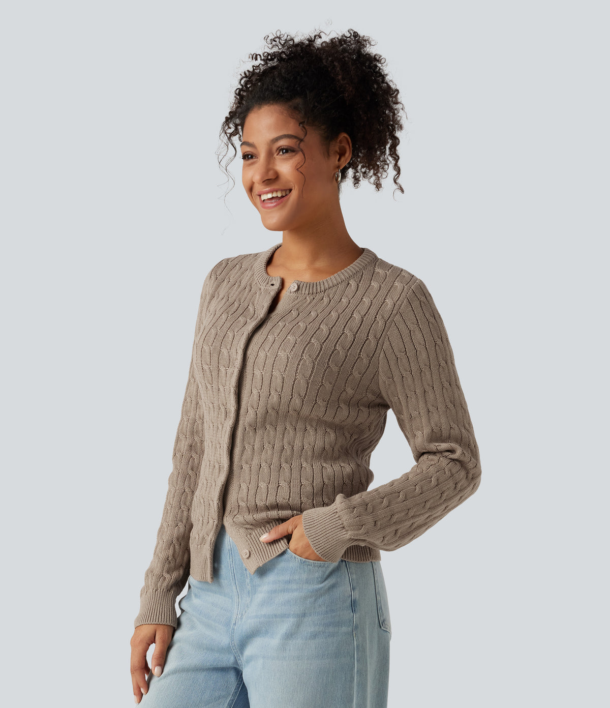 Round Neck Long Sleeve Work Cardigan — Birch Brown — view 3