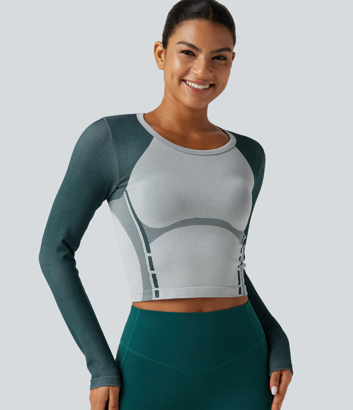 OneForm Seamless Flow Color Block Round Neck Long Sleeve Running Sports Top — Ink Green — view 1