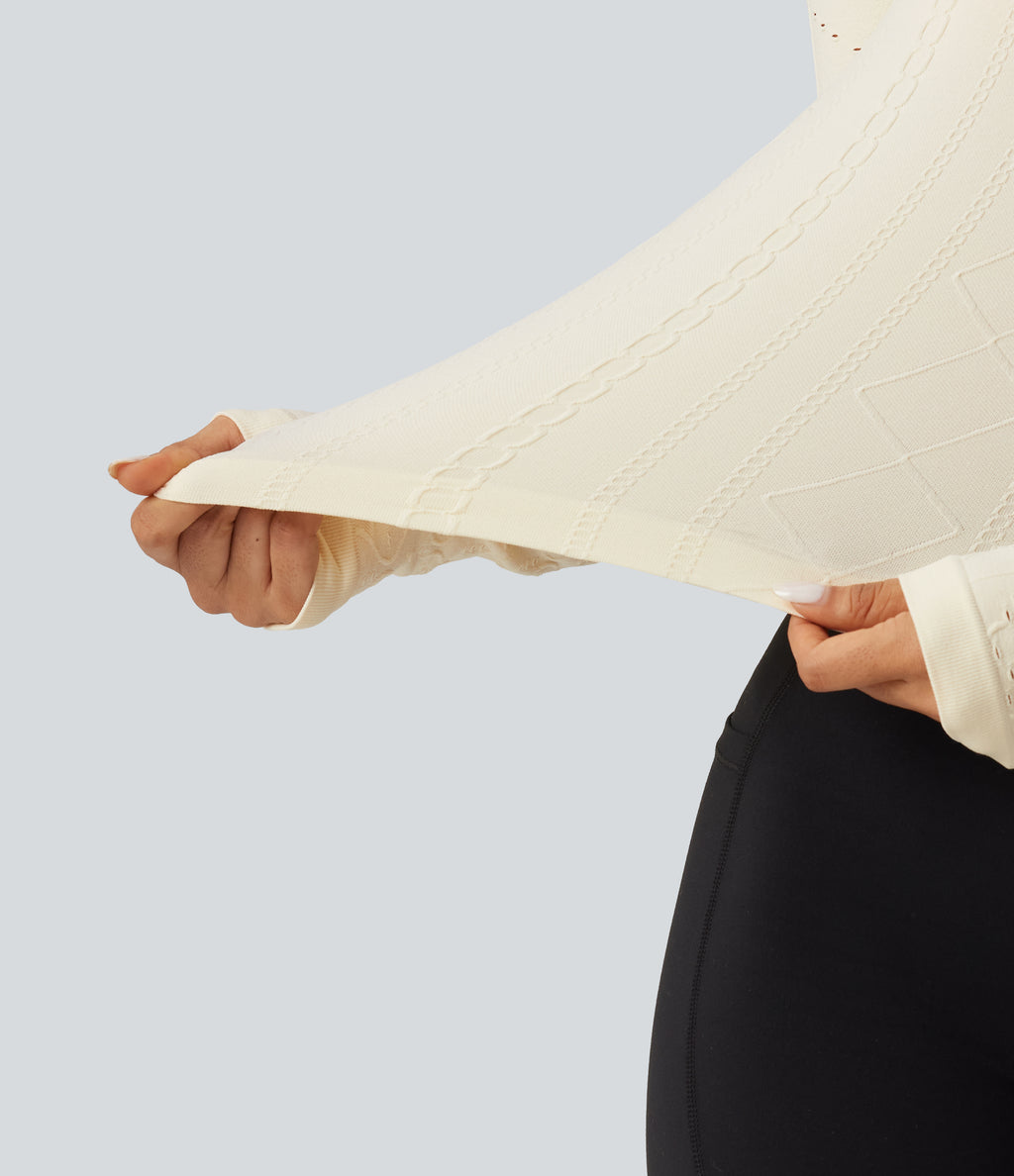 OneForm Seamless Flow Round Neck Long Sleeve Yoga Sports Top — White Asparagus — view 5