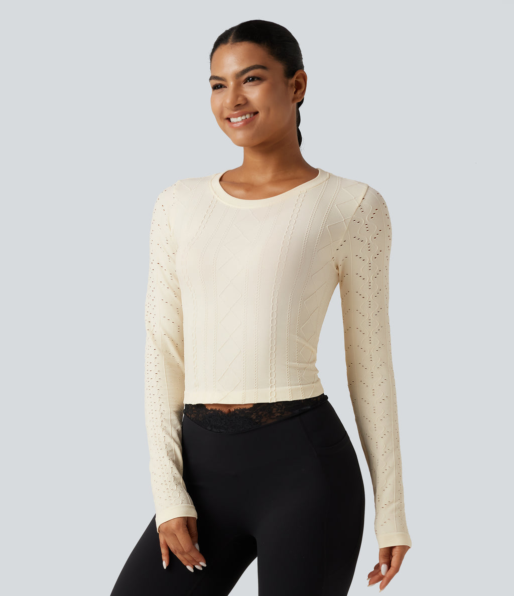 OneForm Seamless Flow Round Neck Long Sleeve Yoga Sports Top — White Asparagus — view 3