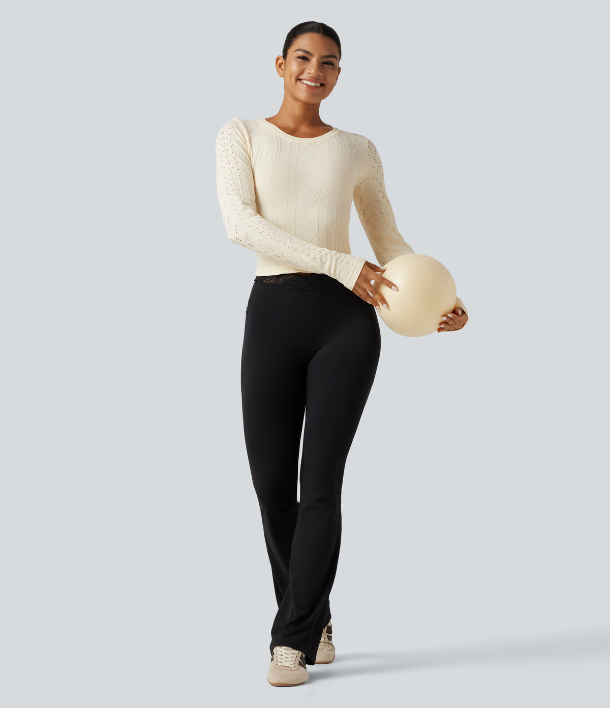OneForm Seamless Flow Round Neck Long Sleeve Yoga Sports Top — White Asparagus — view 6