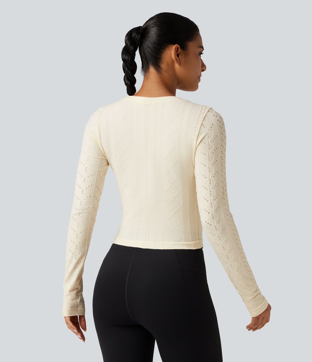 OneForm Seamless Flow Round Neck Long Sleeve Yoga Sports Top — White Asparagus — view 2
