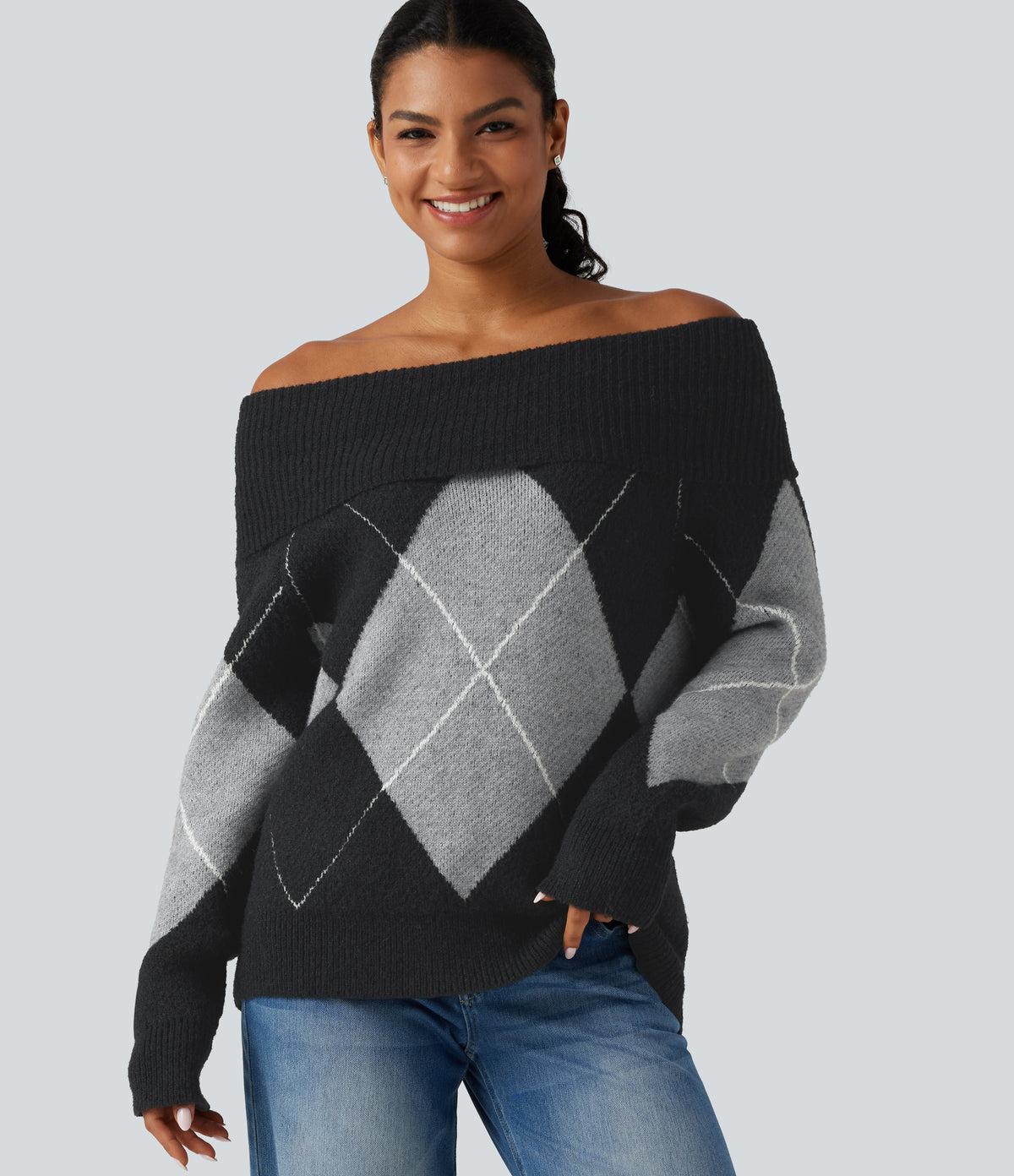 Off Shoulder Long Sleeve Gingham Casual Jumper — Charcoal Argyle — view 1