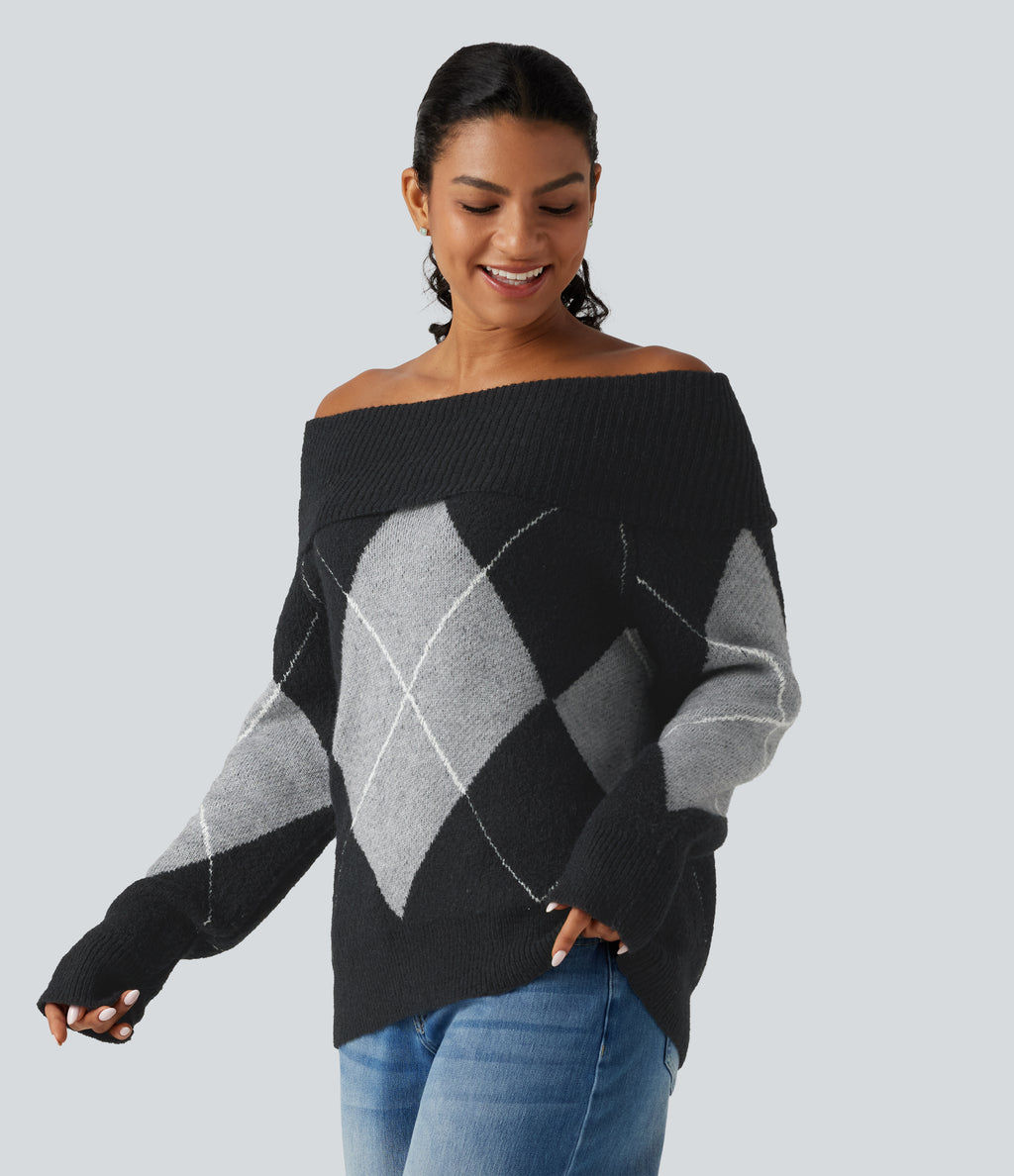 Off Shoulder Long Sleeve Gingham Casual Jumper — Charcoal Argyle — view 3