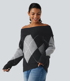 Off Shoulder Long Sleeve Gingham Casual Jumper — Charcoal Argyle — view 3