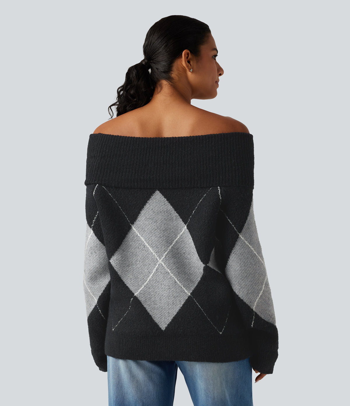 Off Shoulder Long Sleeve Gingham Casual Jumper — Charcoal Argyle — view 2