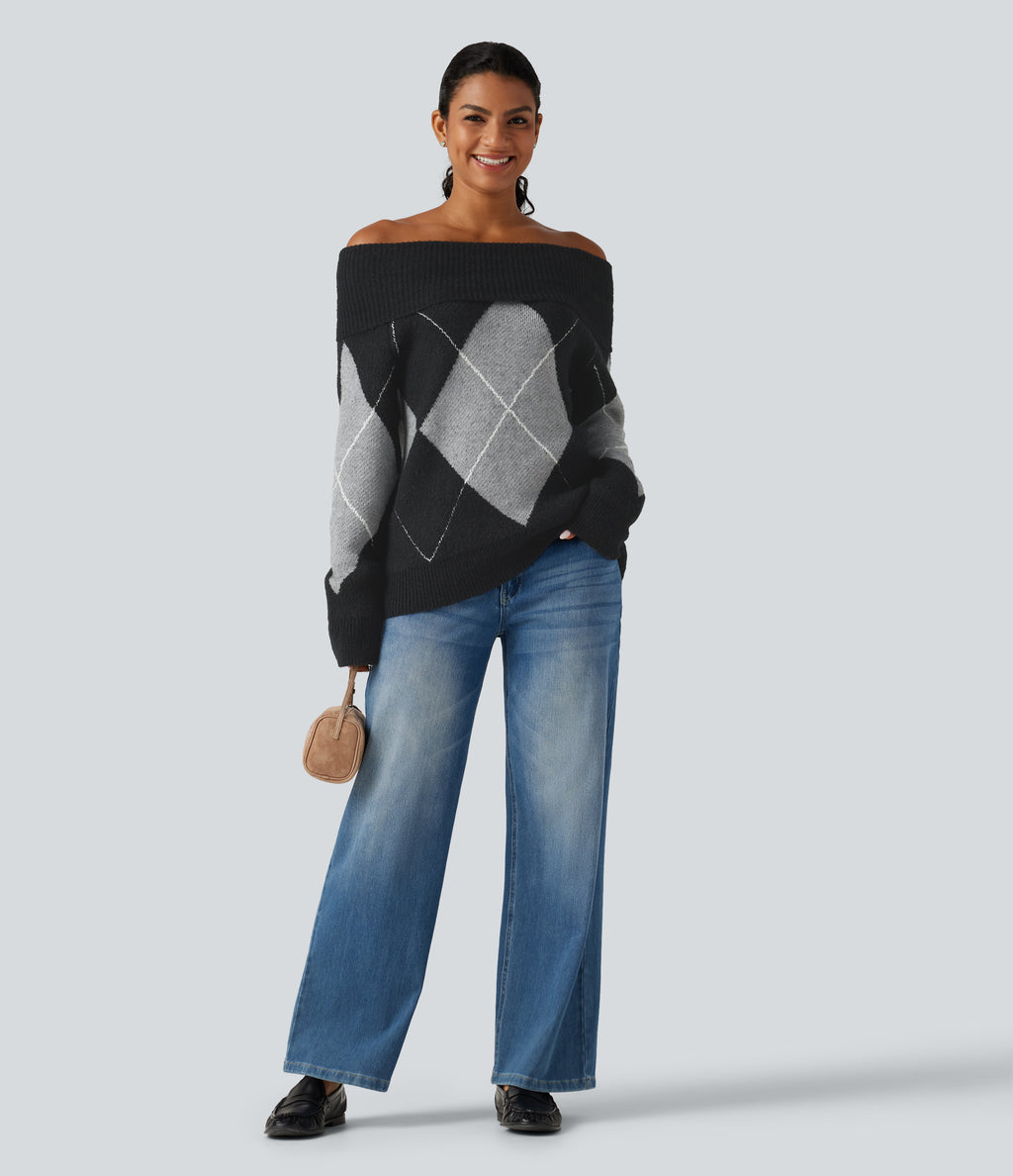 Off Shoulder Long Sleeve Gingham Casual Jumper — Charcoal Argyle — view 6