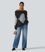 Off Shoulder Long Sleeve Gingham Casual Jumper — Charcoal Argyle — view 6