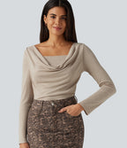 Cowl Neck Long Sleeve Ruched 2-in-1 Casual T-Shirt — Pale Khaki — view 1