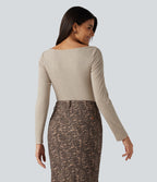 Cowl Neck Long Sleeve Ruched 2-in-1 Casual T-Shirt — Pale Khaki — view 2