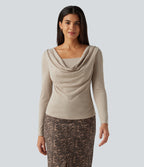 Cowl Neck Long Sleeve Ruched 2-in-1 Casual T-Shirt — Pale Khaki — view 5