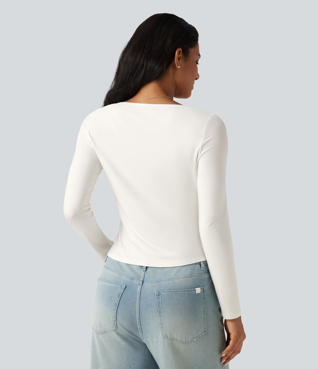 Square Neck Long Sleeve Contrast Lace Casual T-Shirt — White — view 2