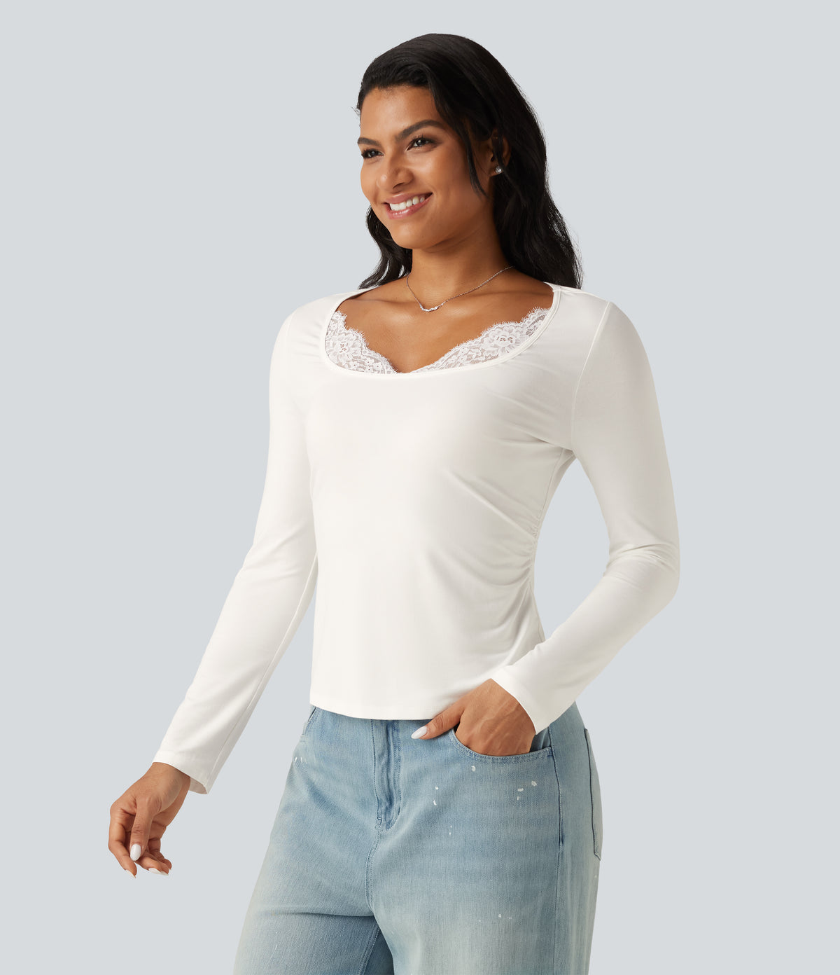 Square Neck Long Sleeve Contrast Lace Casual T-Shirt — White — view 3