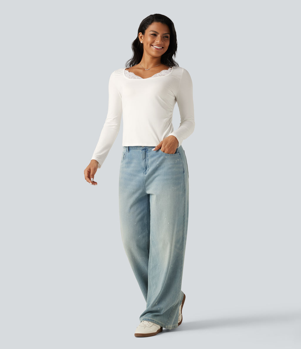 Square Neck Long Sleeve Contrast Lace Casual T-Shirt — White — view 6