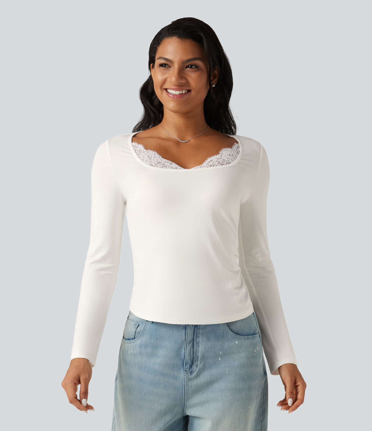 Square Neck Long Sleeve Contrast Lace Casual T-Shirt — White — view 4
