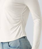 Square Neck Long Sleeve Contrast Lace Casual T-Shirt — White — view 5