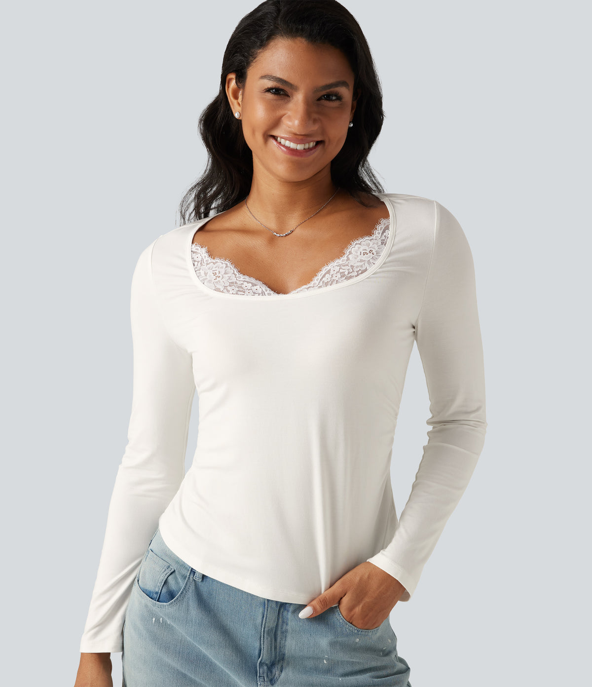 Square Neck Long Sleeve Contrast Lace Casual T-Shirt — White — view 1