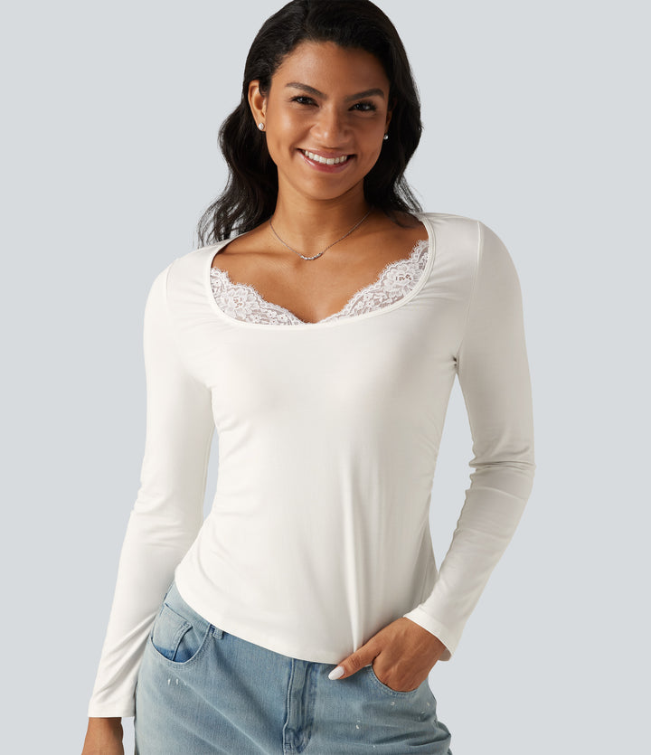 Square Neck Long Sleeve Contrast Lace Casual T-Shirt — White — view 1