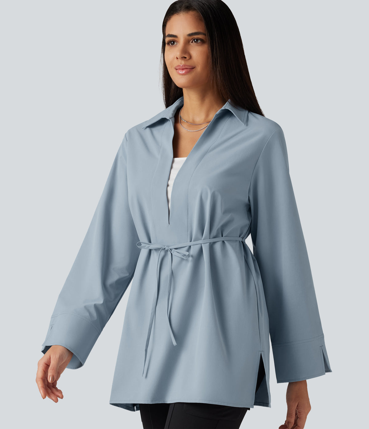 Color Block Belted Long Sleeve Work Shirt — Mountain Spring — view 1