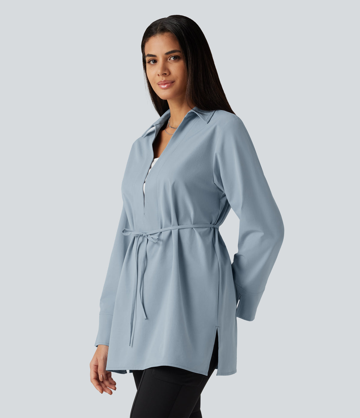 Color Block Belted Long Sleeve Work Shirt — Mountain Spring — view 4