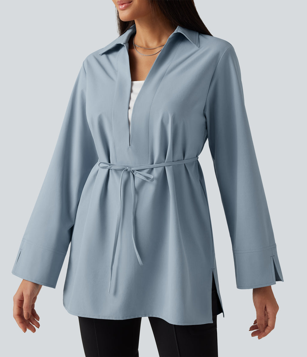 Color Block Belted Long Sleeve Work Shirt — Mountain Spring — view 8
