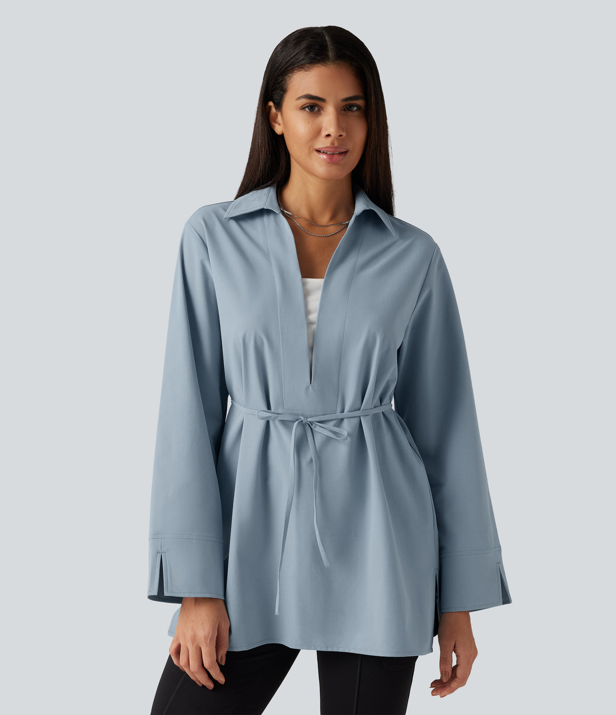 Color Block Belted Long Sleeve Work Shirt — Mountain Spring — view 3