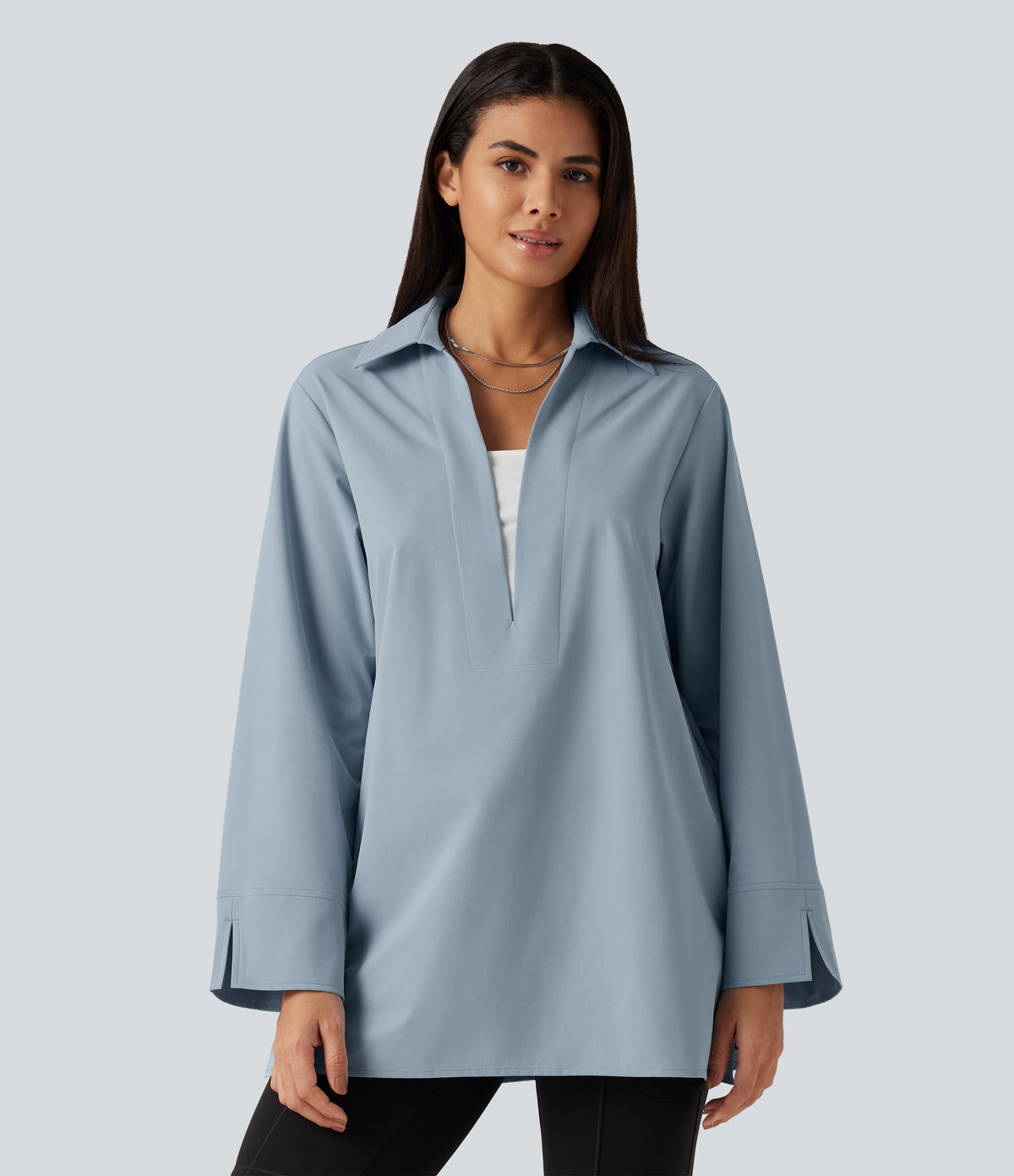 Color Block Belted Long Sleeve Work Shirt — Mountain Spring — view 5