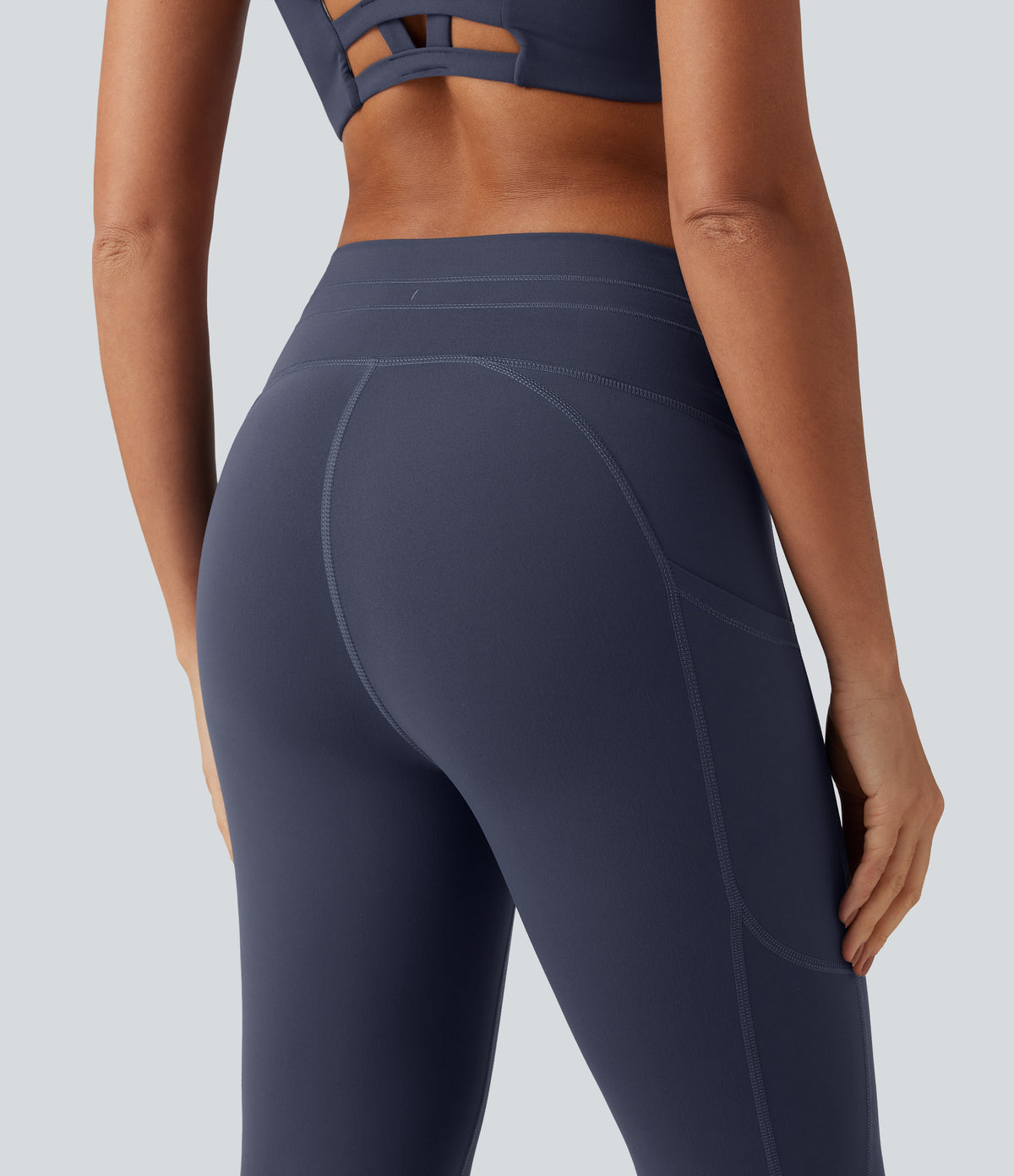Low Rise Drawstring Bootcut Yoga Leggings with Pockets — Mood Indigo — view 4