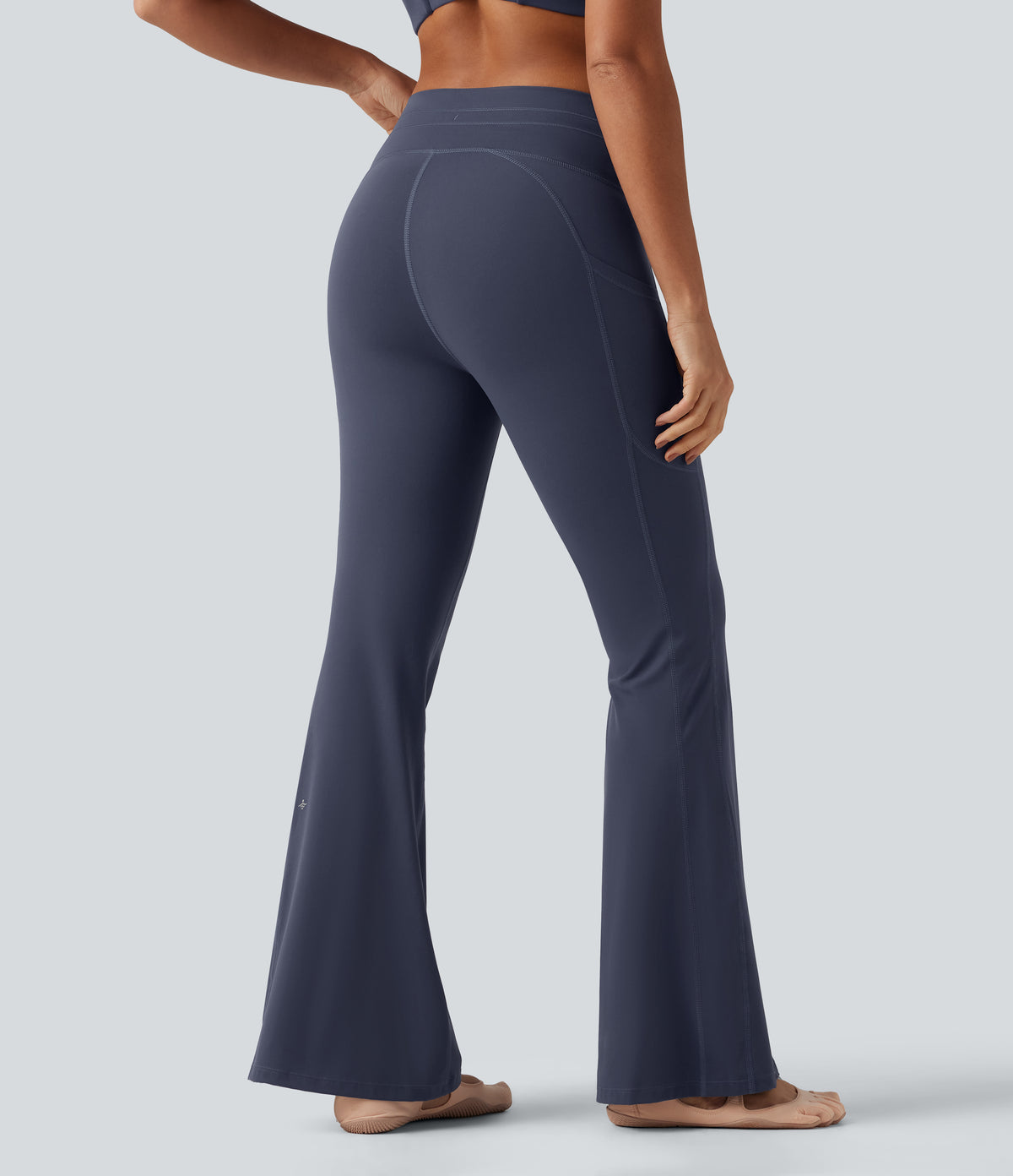 Low Rise Drawstring Bootcut Yoga Leggings with Pockets — Mood Indigo — view 2