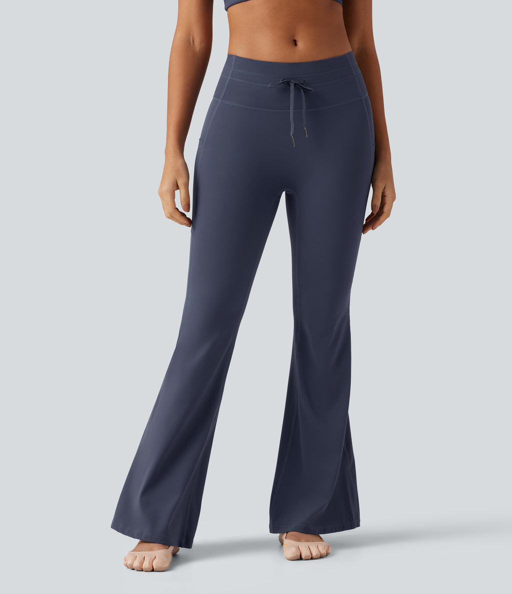 Low Rise Drawstring Bootcut Yoga Leggings with Pockets — Mood Indigo — view 1