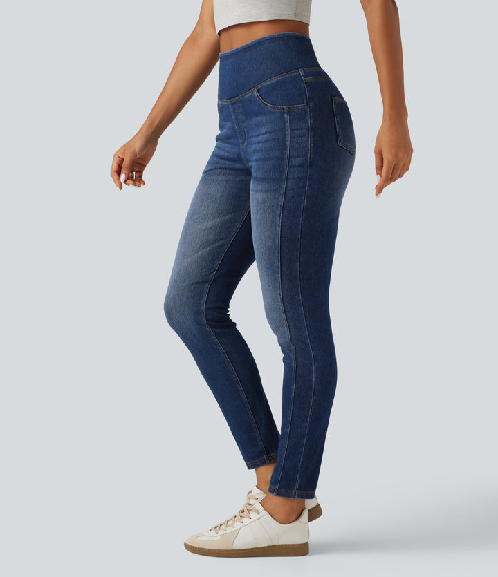 High Waisted Skinny Casual Jeans with Pockets — Estate Blue Denim — view 1