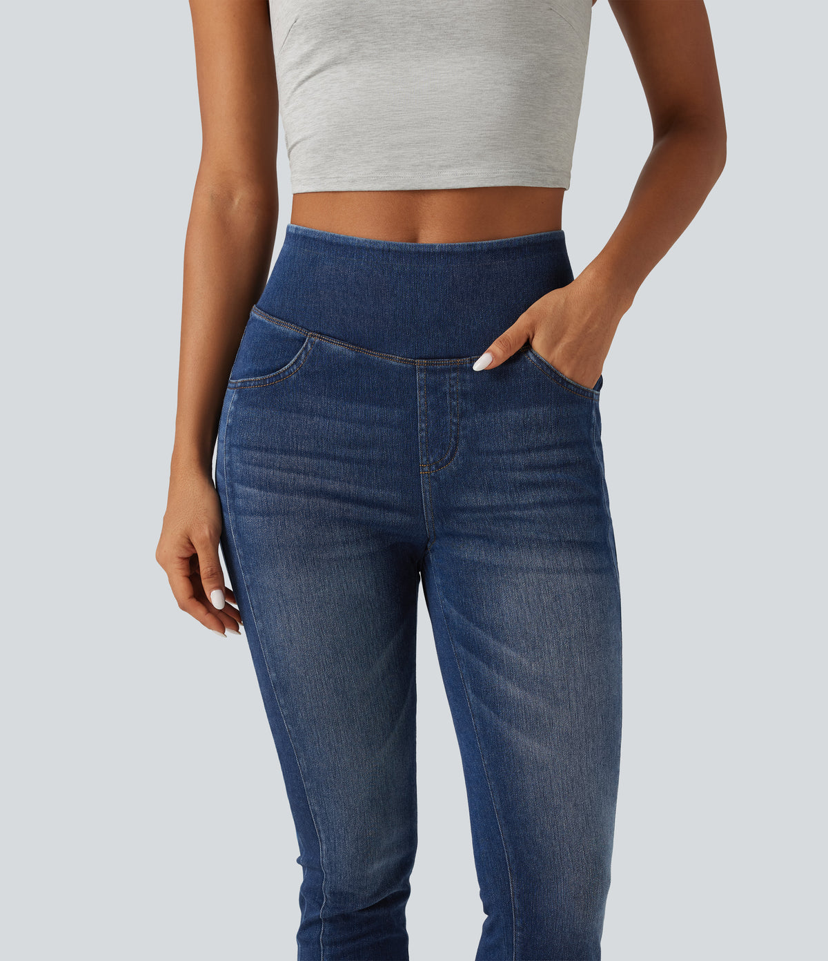 High Waisted Skinny Casual Jeans with Pockets — Estate Blue Denim — view 5