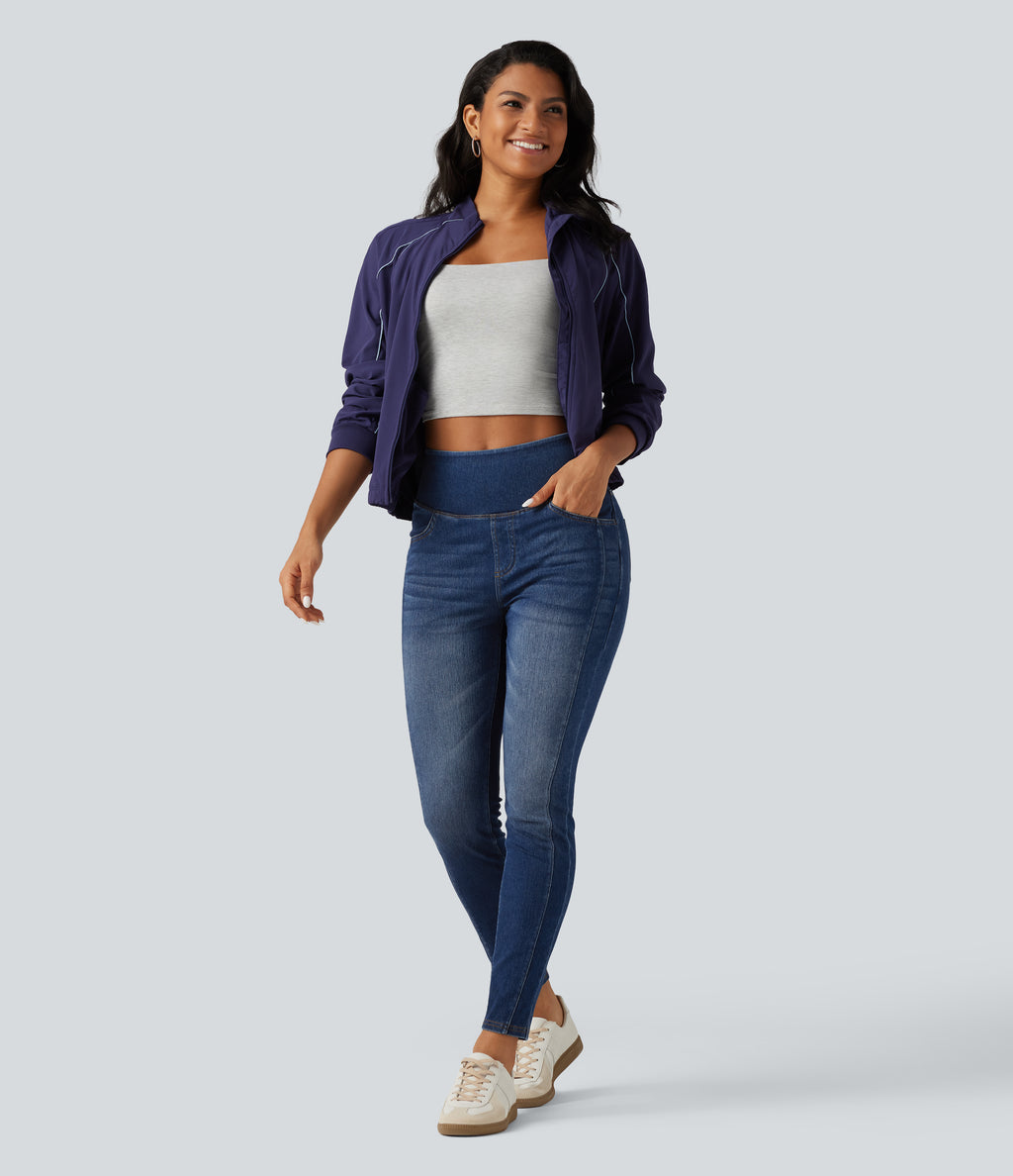 High Waisted Skinny Casual Jeans with Pockets — Estate Blue Denim — view 7