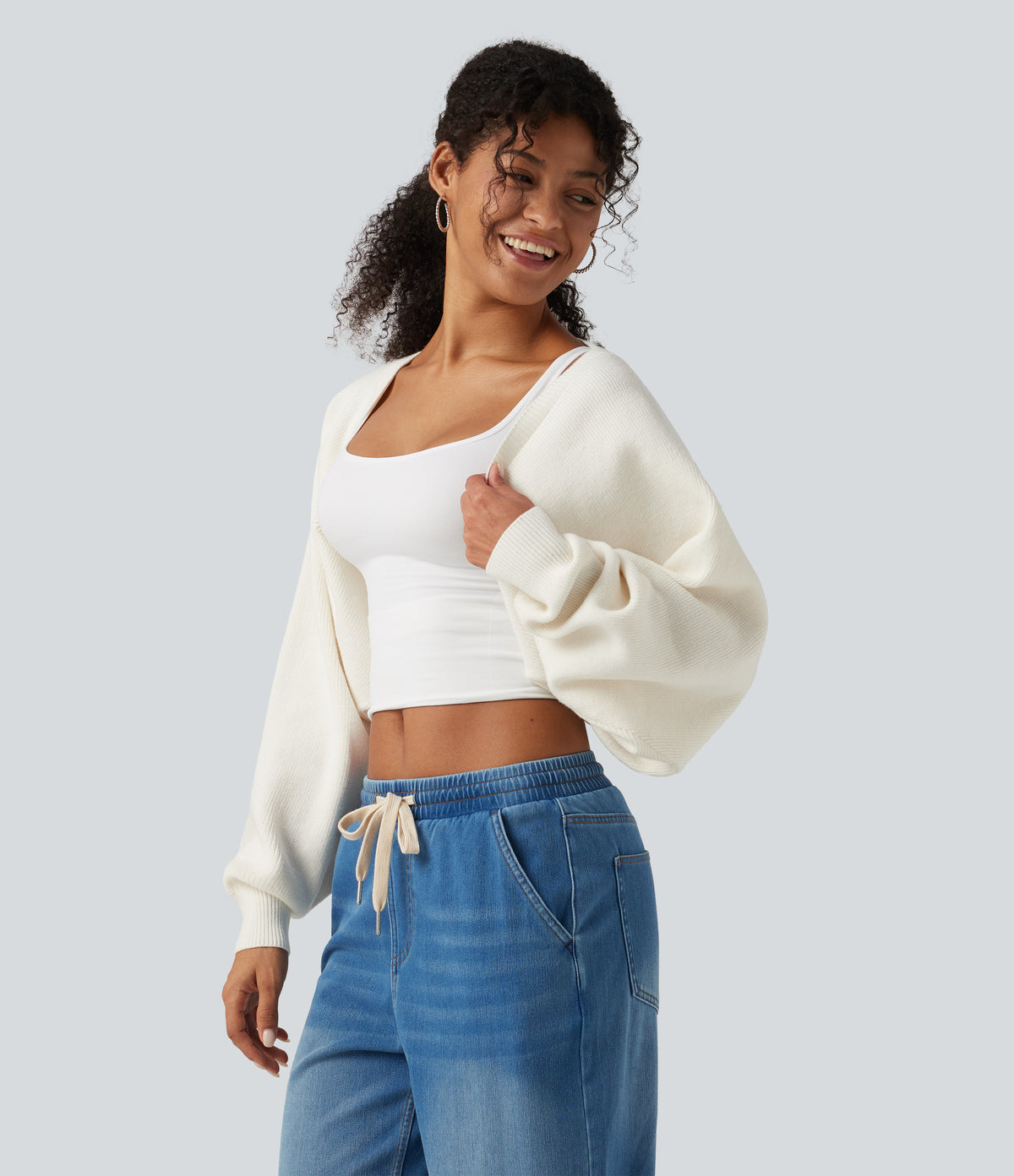 Long Sleeve Open Front Casual Cardigan — Cheese White — view 3