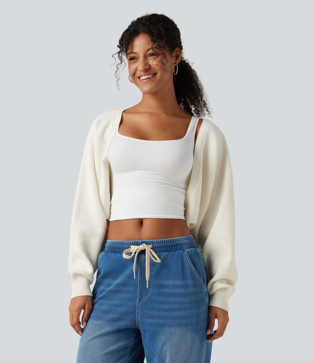 Long Sleeve Open Front Casual Cardigan — Cheese White — view 4