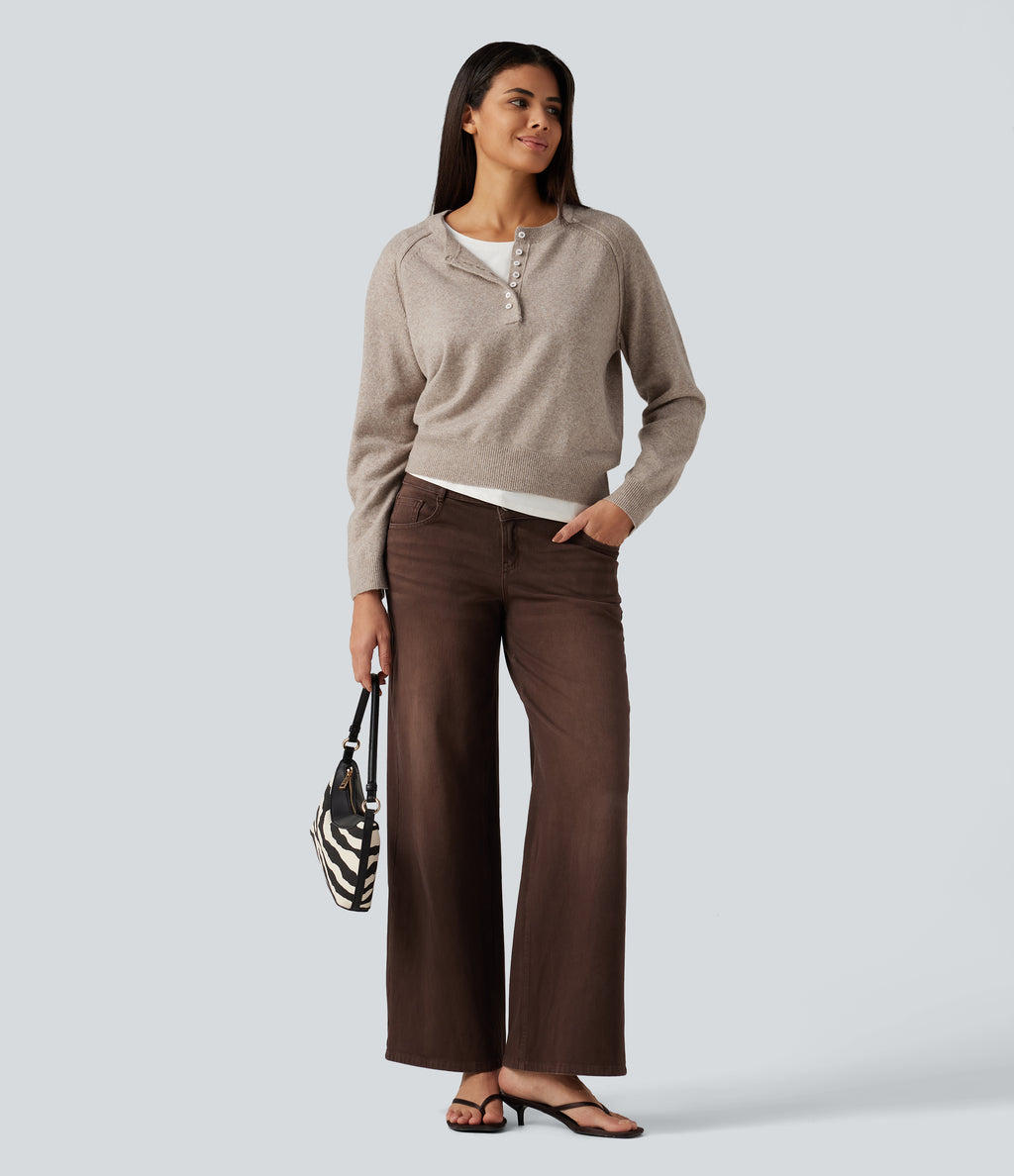 Henley Neck Long Sleeve Casual Jumper — Oatstone Beige — view 7