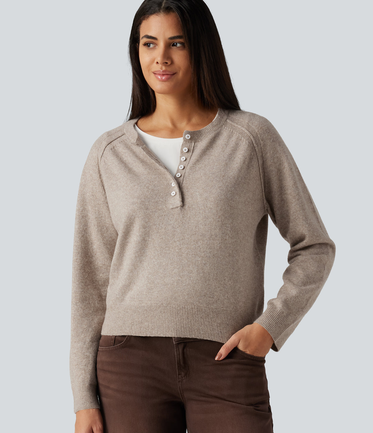 Henley Neck Long Sleeve Casual Jumper — Oatstone Beige — view 4
