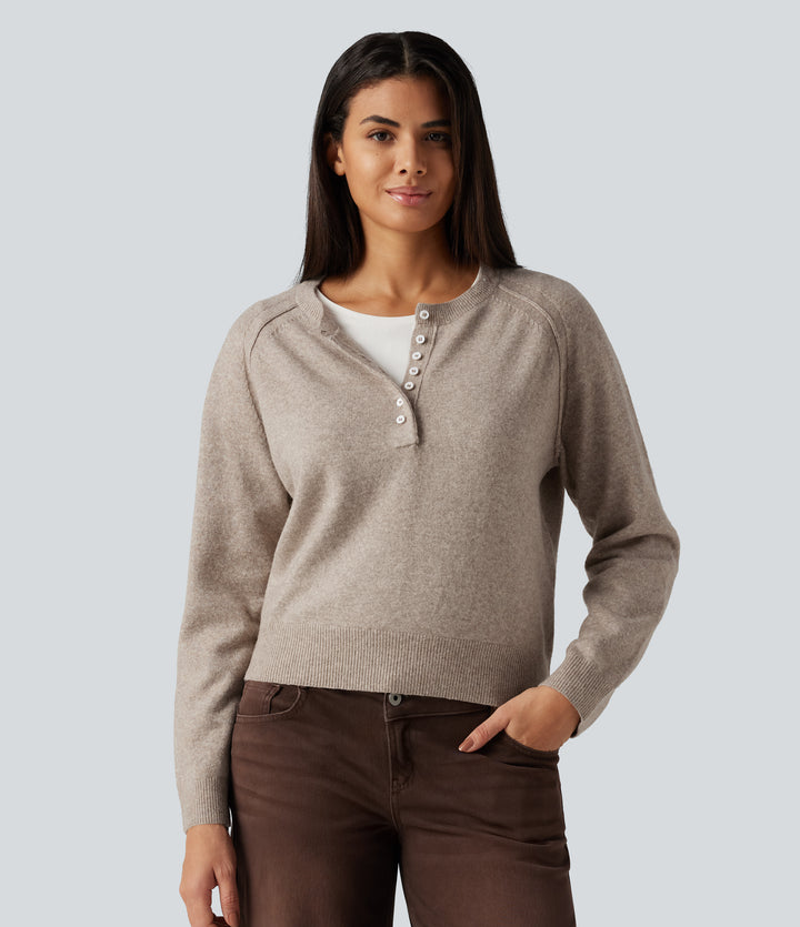 Henley Neck Long Sleeve Casual Jumper — Oatstone Beige — view 1