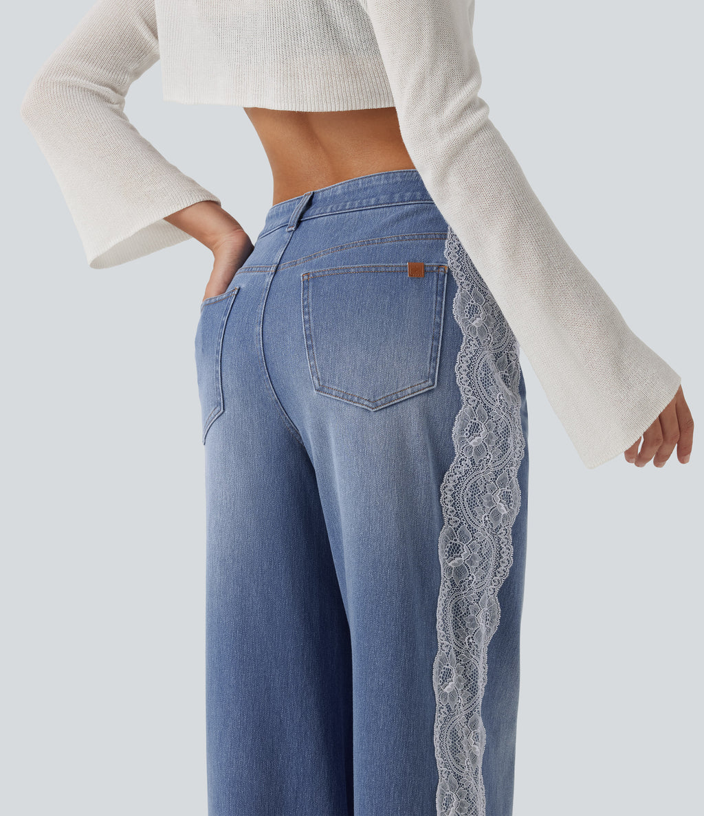 High Waisted Contrast Lace Baggy Casual Jeans with Pockets — Powder Blue Denim — view 5