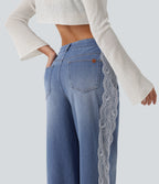 High Waisted Contrast Lace Baggy Casual Jeans with Pockets — Powder Blue Denim — view 5