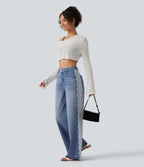 High Waisted Contrast Lace Baggy Casual Jeans with Pockets — Powder Blue Denim — view 8