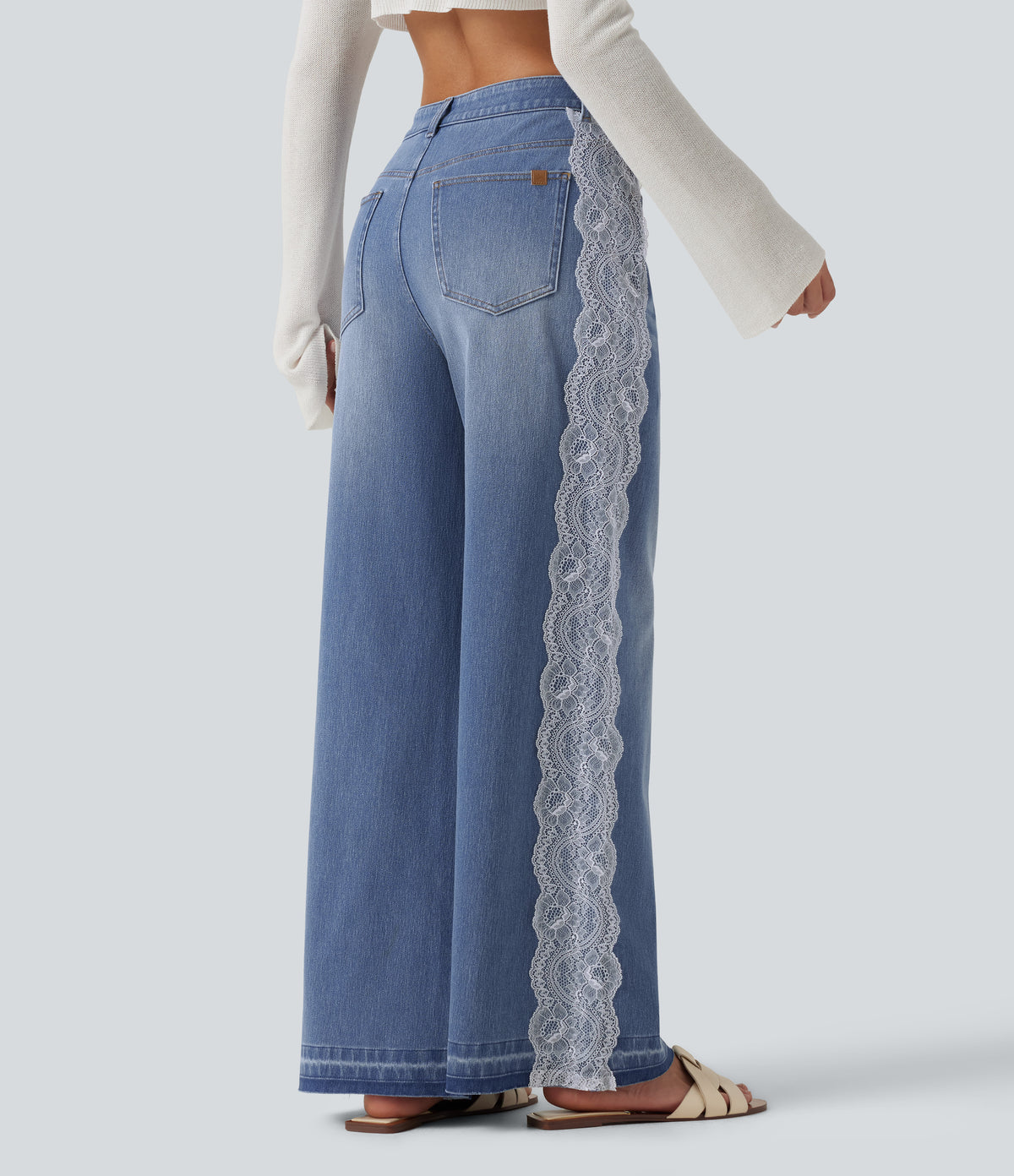 High Waisted Contrast Lace Baggy Casual Jeans with Pockets — Powder Blue Denim — view 2